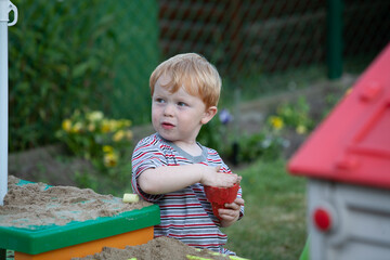 A child joyfully plays with colorful toys in a large sandbox, surrounded by many vibrant flowers...