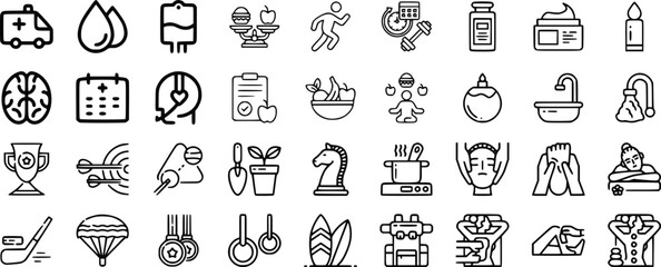 Black and White Wellness Icons Set Healthcare Fitness Symbols