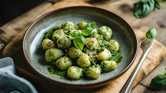 nhoque de couve com pesto feito na hora, servido em um prato de cer&acirc;mica estiloso