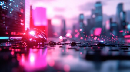 A vibrant futuristic cityscape featuring neon lights and glowing reflections, creating a dynamic and immersive urban atmosphere that's captivating and visually striking.