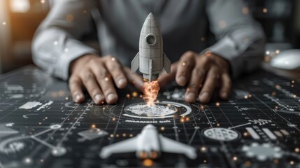 A businessman launching a model rocket from a desk, symbolizing innovation and ambition; this dynamic image captures the essence of creativity in modern entrepreneurship.