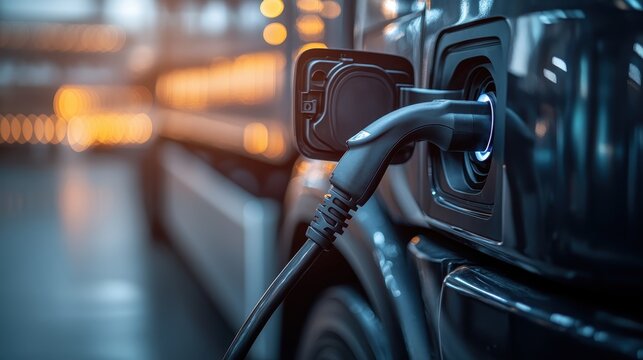 An electric truck connected to a charging station, showcasing the shift towards sustainable energy solutions and modern transportation technology for a greener future. - Powered by Adobe