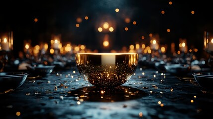 An elegant golden bowl sparkling amidst a dark, candlelit setting, evoking feelings of luxury and celebration, ideal for festive occasions and lavish gatherings.