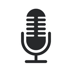 Microphone icon in black and white, representing voice communication, for podcasts, with space for copy