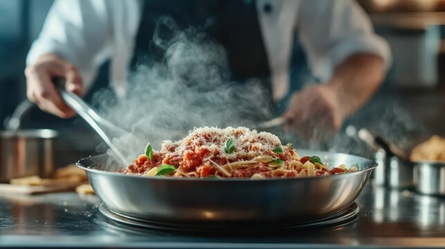 A delightful culinary creation featuring steaming pasta topped with savory sauce and cheese, showcasing the artistry of cooking and the warmth of shared meals in vibrant kitchens.