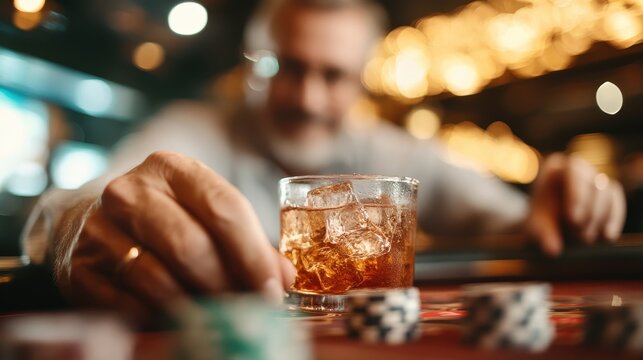 A close-up view of a classic whiskey glass filled with ice, placed alongside colorful poker chips, showcasing the atmosphere of a vibrant casino night.