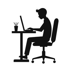 Silhouette of a young man using a laptop, seated at a desk against a white background, the concept of remote work