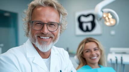 A cheerful dentist wearing a white coat and glasses stands beside a smiling patient in a modern dental clinic, showcasing professionalism and a friendly atmosphere.