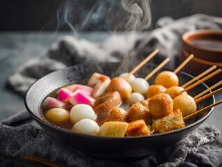 Japanese oden in black ceramic bowl.