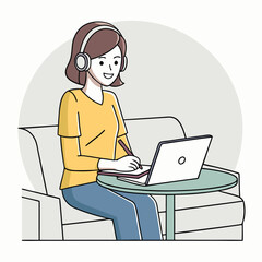 Woman with headphones working on laptop at home