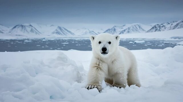 Adorable polar bear cub explores arctic tundra with snowy mountains view background