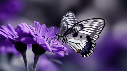 borboleta preta e branca sentada em uma linda flor roxa