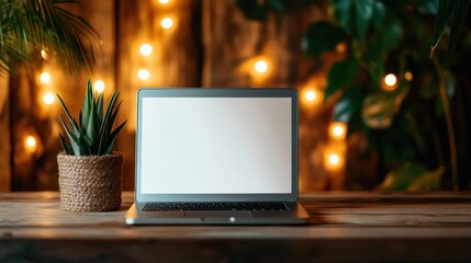 A sleek, modern laptop sits on a rustic wooden table in a cozy indoor setting, complemented by lush greenery and warm ambient lighting that invites productivity and creativity.