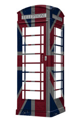 Iconic Red British Telephone Booth Design Covered With The United Kingdom National Flag, isolated png backdrop. 