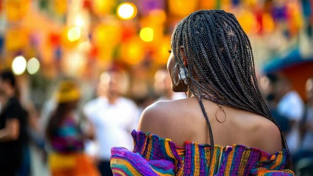 Person with braided hair and colorful top outdoors