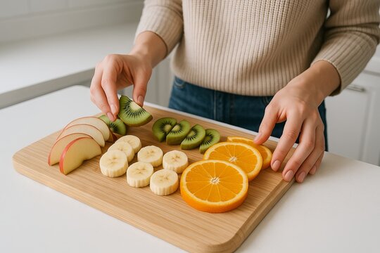 Woman arranging sliced banana, kiwi, orange and apple on wooden cutting board in bright kitchen. Concept of healthy eating, food preparation, clean nutrition, natural lifestyle