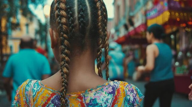 Rear view of a child with braids and a colorful patterned top.