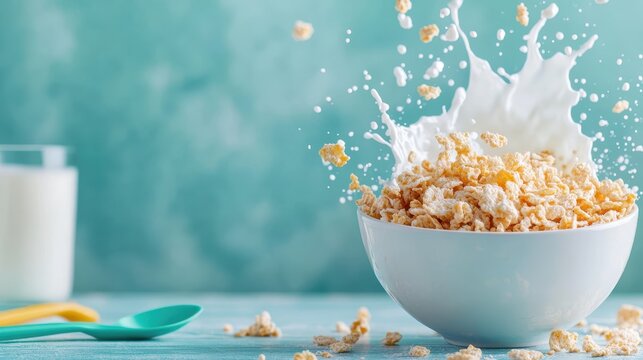 A bowl of crunchy cereal splashes milk, capturing the essence of a wholesome breakfast moment, evoking feelings of freshness and satisfaction for morning routines.