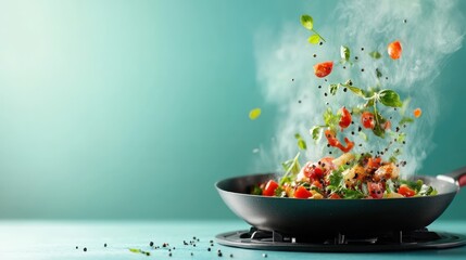 An artistic shot of fresh vegetables and herbs dancing in the air above a frying pan, capturing the joy and excitement of cooking healthy meals in an engaging way.