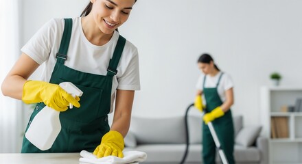 Happy woman cleaner in uniform cleaning table. Work of professional cleaning service at home. Housekeeping and domestic care