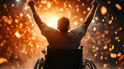 A powerful scene capturing a man in a wheelchair celebrating triumph with raised arms amidst a dramatic background of light and motion, symbolizing victory and empowerment.