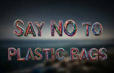 Environmental message spelled using torn pieces of plastic bags — “Say No to Plastic Bags” for International Plastic Bag Free Day awareness.
