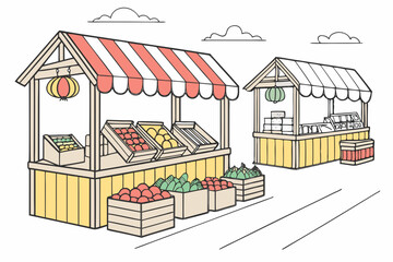 Colorful village market with local stalls selling fruits and vegetables flat