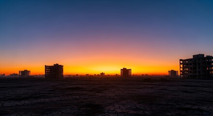 Fototapeta premium Peaceful city skyline at sunset after a day of war and destruction
