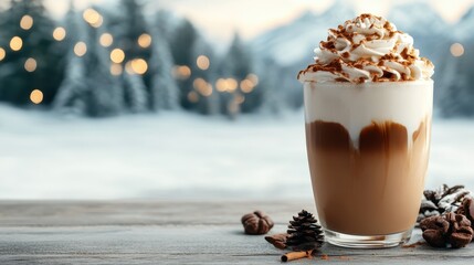 This delightful image showcases a frosty coffee drink layered with whipped cream and spices, set against a snowy backdrop, perfect for cozy winter gatherings.