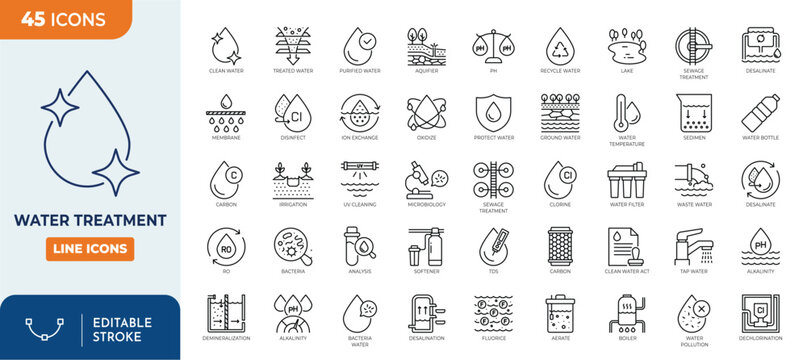 Water treatment line editable icon set. containing water filtration, aquifer,  filter, sewage treatment, drain, chlorinated, ultraviolet cleaning, and more. Editable stroke. Vector illustration