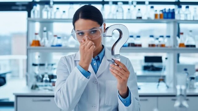 Female scientist in a lab coat and goggles holding a metallic question mark in a modern laboratory, representing scientific research, problem-solving, and the process of discovery or innovation