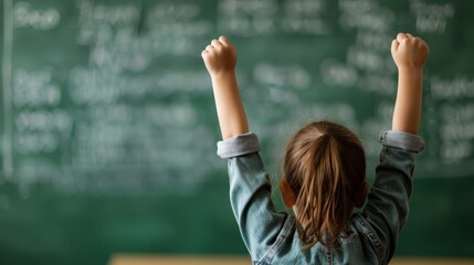 A young child with raised fists in joy celebrates an academic achievement in a classroom, embodying the essence of success, delight, and future potential in learning.