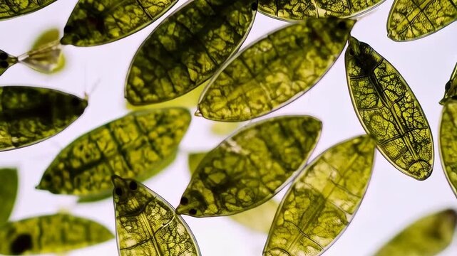 Close up of green microalgae, each with internal structure, floating on white background, science, biology, microscope, plant life