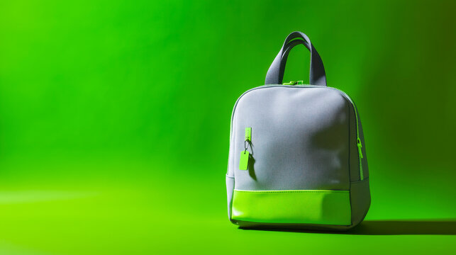 Stylish backpack in grey and vibrant green against a bold green background. Perfect for casual outings or school, combining fashion with functionality. - Powered by Adobe