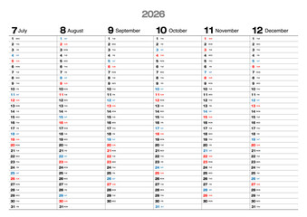 2026年の半年カレンダー7月～12月メモ書き込みが可能