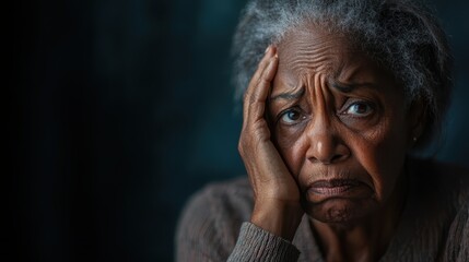 An elderly woman is pictured with a worried expression, her hand on her face, evoking feelings of concern and empathy in a darkened space that emphasizes her emotions.