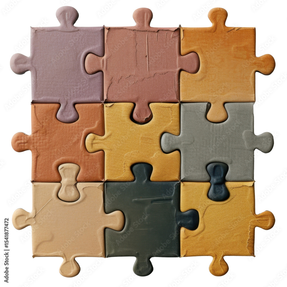 Poster colorful puzzle pieces arranged in grid, showcasing various shades and textures, creating visually a