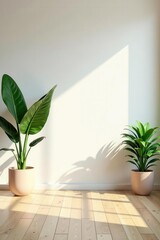Bright minimalist living space, plants, wood floor, white backdrop , green, background