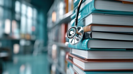 A collection of medical textbooks stacked neatly, with a stethoscope resting on top, symbolizing the commitment to learning and excellence in the field of healthcare and medicine.
