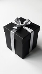 Elegant black gift box with silver ribbon, white background , present, minimal, premium