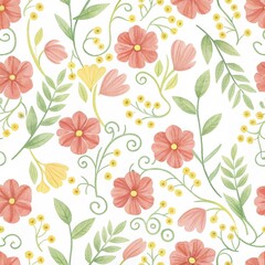 Feminine Floral Repeating Vector with Light Tones, Pink Blossoms, and Leafy Whispers