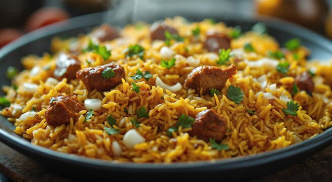A mouth-watering 4K close-up of spicy biryani rice served with tender meat, garnished with fresh coriander and onions. Ideal for culinary videos, traditional food content, South Asian cuisine, and res