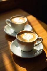 Obraz premium Golden espresso crema, sunlight on wood, two cups , coffee shop, caffeine