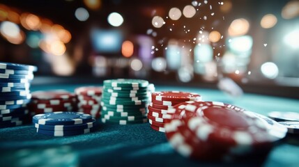 A close-up of vibrant casino chips stacked on a gaming table, capturing the excitement of gambling, with a blurred background that enhances the lively atmosphere of a casino.