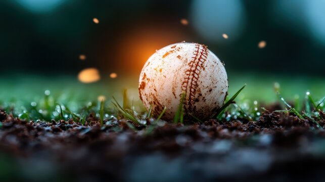 A close-up of a weathered baseball resting on the ground, captured in a moment of stillness, symbolizing the spirit of sports and the thrill of competition.