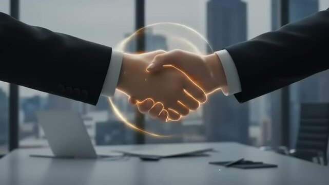 Two business professionals shaking hands in a modern office with a city skyline in the background