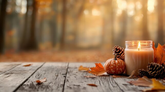 An inviting autumnal scene featuring a lit candle surrounded by pinecones and a small pumpkin, creating a warm, cozy atmosphere that enhances seasonal decor and emotions.