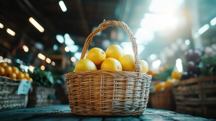 A charming basket filled with vibrant, fresh lemons surrounded by a lively market setting, embodying freshness, organic produce, and culinary inspiration for healthy living.