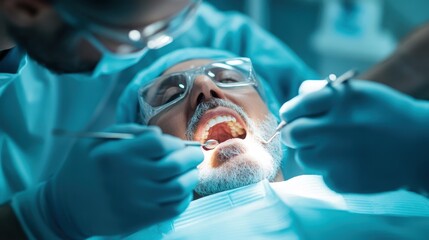 A professional dental procedure taking place, showing a dentist and a patient in the dental chair, emphasizing care, precision, and medical expertise in dentistry.