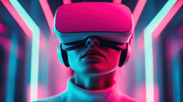 A person wears a sleek virtual reality headset, immersed in a vibrant neon environment, representing the future of technology and immersive experiences. - Powered by Adobe